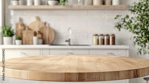 Empty beautiful round wood tabletop counter on interior in clean and bright kitchen background, Generative ai