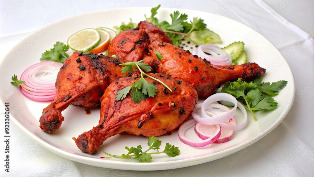 Indian tandoori chicken with onions and cilantro on a white plate , spicy, grilled, flavorful, delicious Indian tandoori chicken with onions and cilantro on a white plate , spicy, grilled, flavorful, delicious