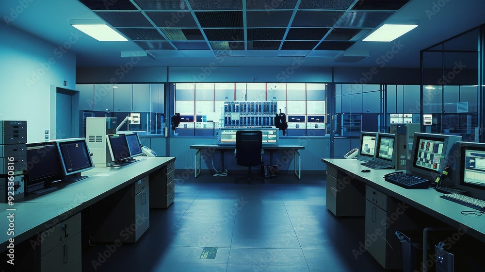 An empty, modern control room filled with advanced technology and multiple screens, presenting a space of precision, control, and high-tech sophistication.