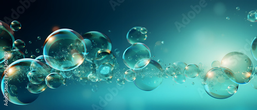 immersive vibrant turquoise green bubbles background with glitters, particles, line, wave, curve, curl 3d illustration