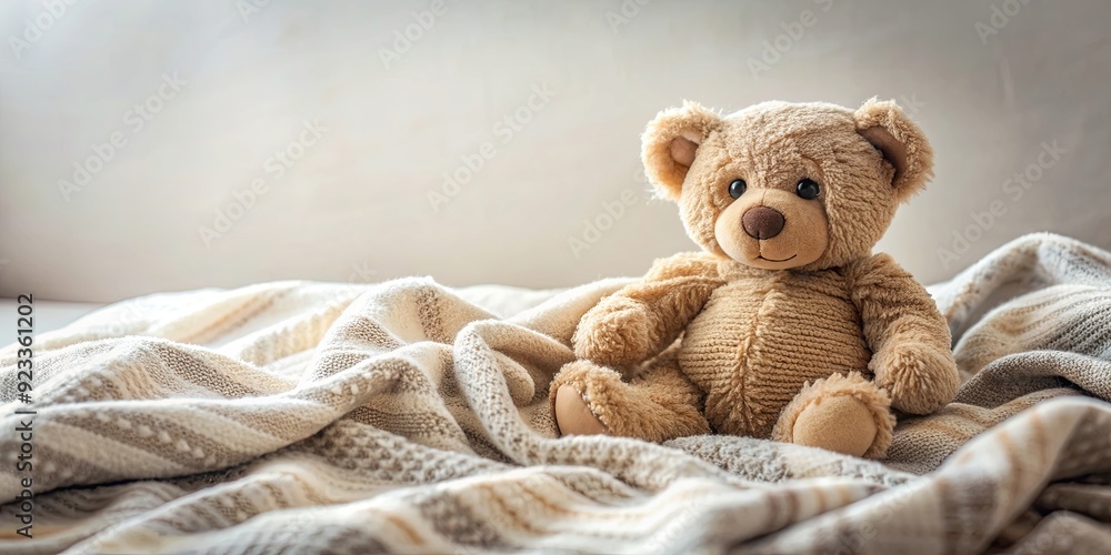 Fototapeta premium Teddy bear sitting on a cozy blanket , cute, stuffed animal, toy, soft, fluffy, children, play, adorable, comfort, cozy