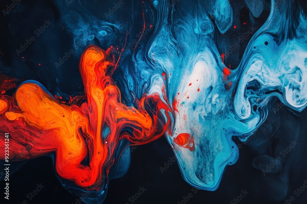 Fototapeta premium Acrylic blue and red colors in water. Ink blot. Abstract black background , ai