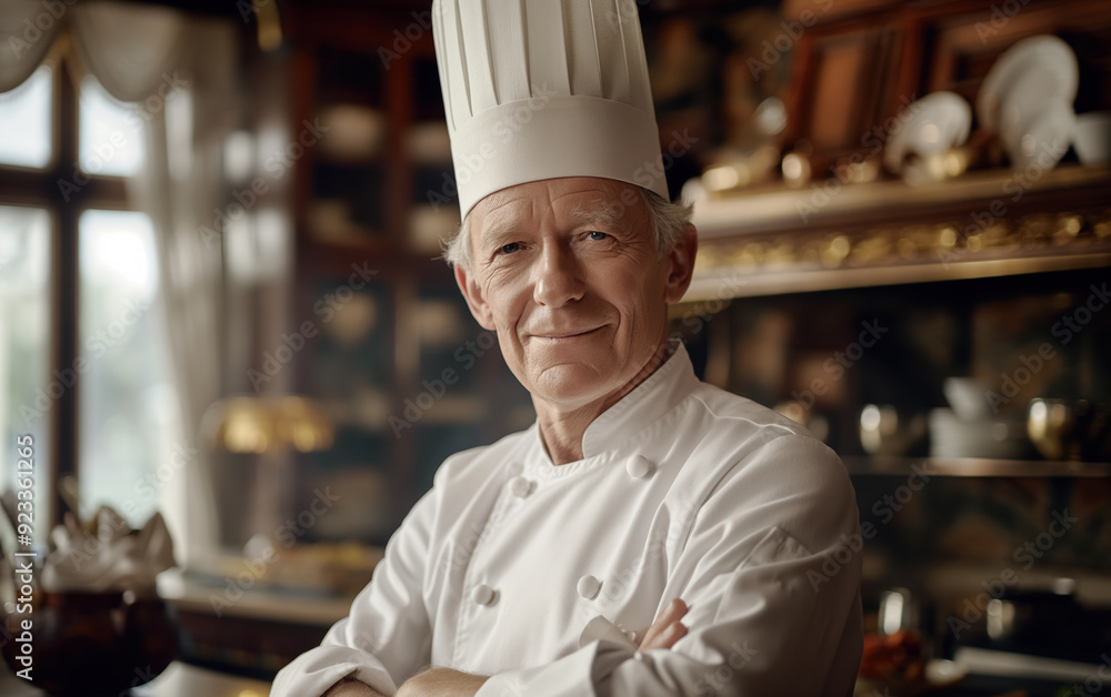 Professional Chef. Portrait male chef with cook hat, white uniform. Portrait of an old Italian or French chef, standing in the kitchen, restaurant, cooking class, cooking school. Realistic style photo Professional Chef. Portrait male chef with cook hat, white uniform. Portrait of an old Italian or French chef, standing in the kitchen, restaurant, cooking class, cooking school. Realistic style photo