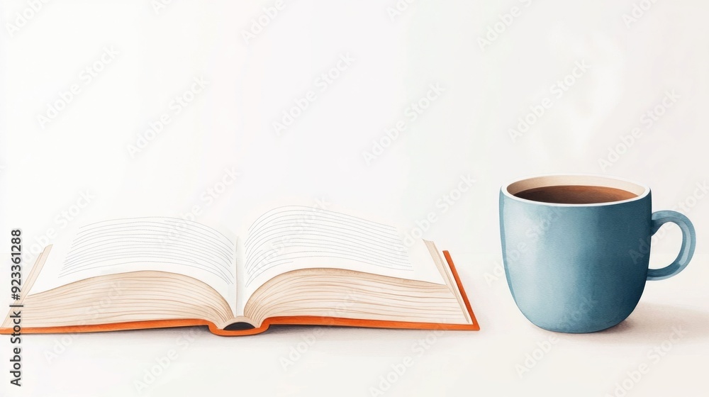 Cozy and Inviting Watercolor Depicting an Open Book with Steaming Hot Coffee on a Clean White Background Evoking a Peaceful and Focused Study or Reading Moment Cozy and Inviting Watercolor Depicting an Open Book with Steaming Hot Coffee on a Clean White Background Evoking a Peaceful and Focused Study or Reading Moment