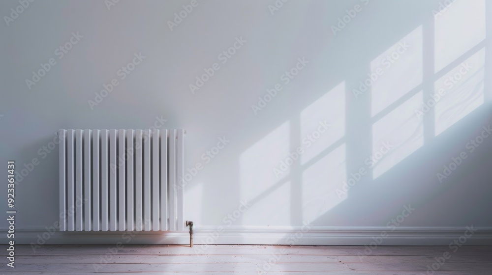 A small white radiator on a plain wall with sunlight filtering through the windows, creating a serene atmosphere. A small white radiator on a plain wall with sunlight filtering through the windows, creating a serene atmosphere.