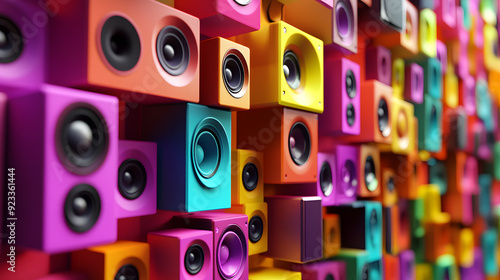 A colorful background with cubes and squares loudspeakers, featuring playful and joy of music