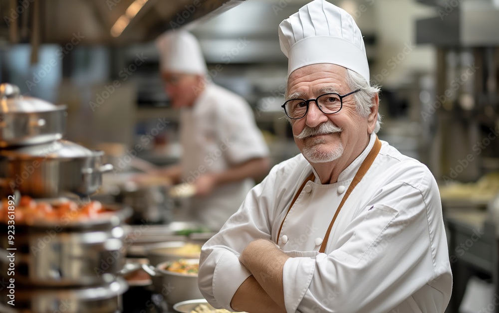 Professional Chef. Portrait male chef with cook hat, white uniform. Portrait of an old Italian or French chef, standing in the kitchen, restaurant, cooking class, cooking school. Realistic style photo Professional Chef. Portrait male chef with cook hat, white uniform. Portrait of an old Italian or French chef, standing in the kitchen, restaurant, cooking class, cooking school. Realistic style photo