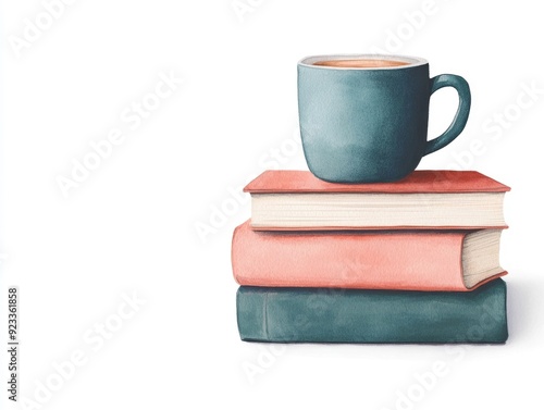 Cozy and Peaceful Reading Nook with Stacked Books Warm Drink and Watercolor on White Background