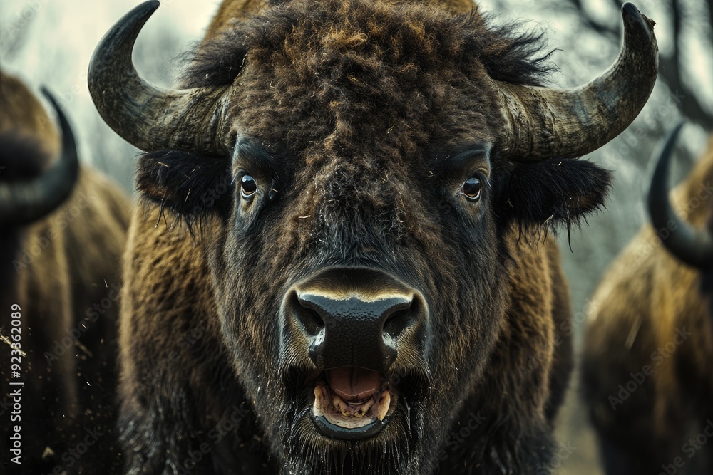 Naklejka premium Bison Attack. Close-up View of European Bison in Aggressive Stance