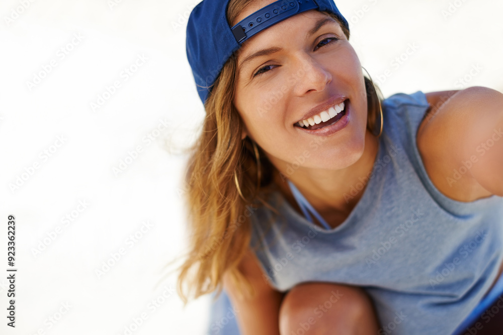 Fashion, cap and portrait of happy woman with selfie for social media vlog, live streaming and trendy blog. Face, pov and laughing girl taking picture for content creation on white background space Fashion, cap and portrait of happy woman with selfie for social media vlog, live streaming and trendy blog. Face, pov and laughing girl taking picture for content creation on white background space