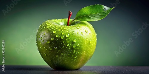 Realistic green apple with drops and a red leaf, green apple, drops, red leaf, fruit, fresh, vibrant, water droplets, juicy photo