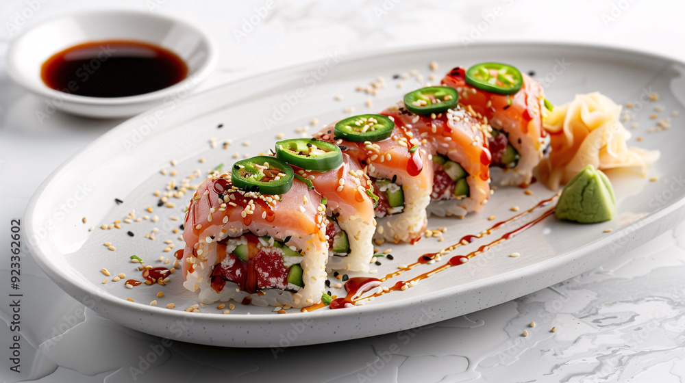 a spicy tuna roll, garnished with Sriracha mayo, sesame seeds, and thin slices of jalapeño, set on a sleek, white ceramic plate with soy sauce on the side a spicy tuna roll, garnished with Sriracha mayo, sesame seeds, and thin slices of jalapeño, set on a sleek, white ceramic plate with soy sauce on the side