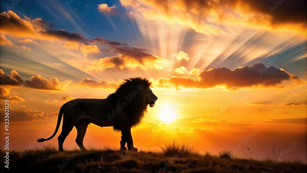 Silhouette of a majestic lion against a sunset background, wildlife, predator, Africa, safari, powerful, majestic, king of the jungle Silhouette of a majestic lion against a sunset background, wildlife, predator, Africa, safari, powerful, majestic, king of the jungle