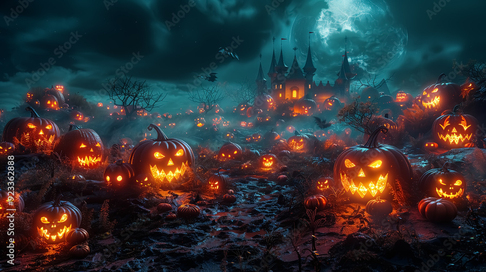 Halloween background with pumpkins and haunted house , spooky mood of halloween in the city , pumpkin with facial impression Halloween background with pumpkins and haunted house , spooky mood of halloween in the city , pumpkin with facial impression