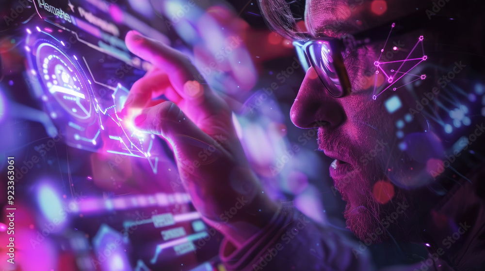 Naklejka premium A user engages with an advanced interactive display, manipulating vibrant digital graphics in a low-light setting