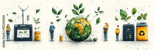 A group of people are standing in front of a green globe with a sign that says 