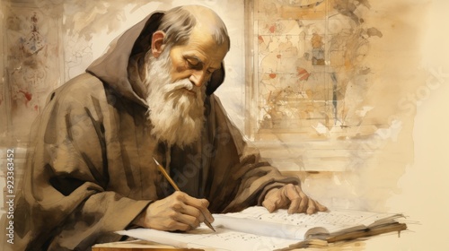 Illustration of Writing of St. Bede the Venerable in 8th-Century English Monastery, Biblical Illustration, Beige Background, Copyspace,Christian banner photo