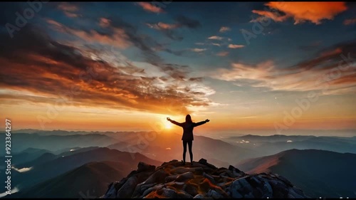 Silhouette of a person standing on a mountaintop with arms wide open enjoying sunset while clouds passing by over the head, female solo traveler and clouds time lapse during sunset Generative AI