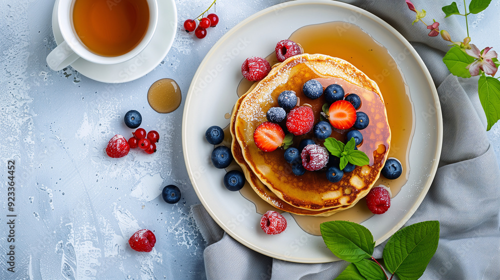 a breakfast spread featuring oat milk pancakes, drizzled with maple syrup and topped with fresh berries, served on a white plate with a cup of herbal tea on the side a breakfast spread featuring oat milk pancakes, drizzled with maple syrup and topped with fresh berries, served on a white plate with a cup of herbal tea on the side
