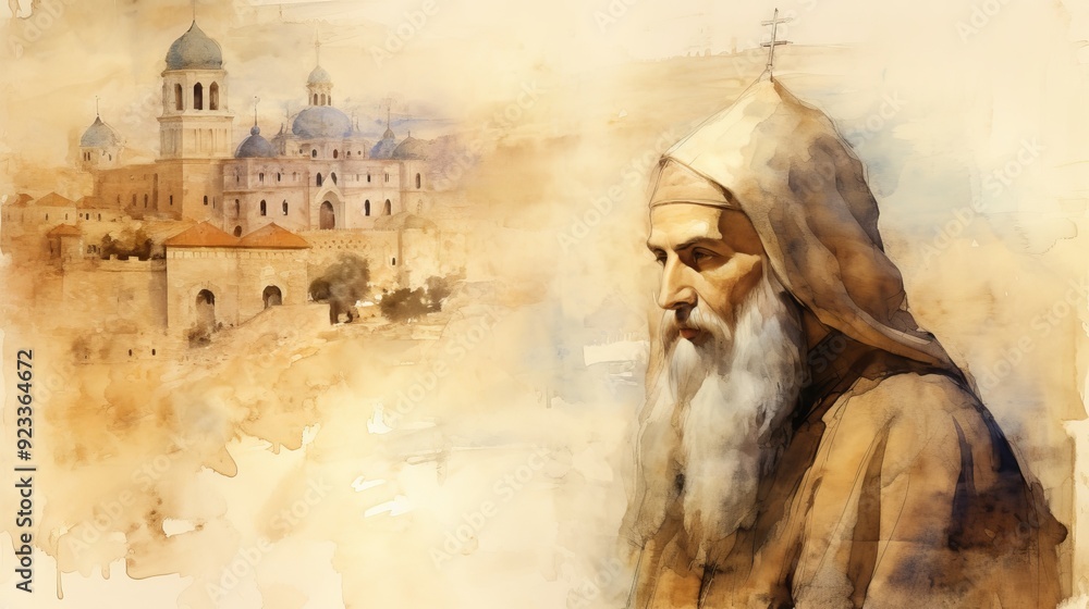Fototapeta premium Illustration of Reflection of St. Cyril of Jerusalem in Ancient Jerusalem, Biblical Illustration, Beige Background, Copyspace,Christian banner