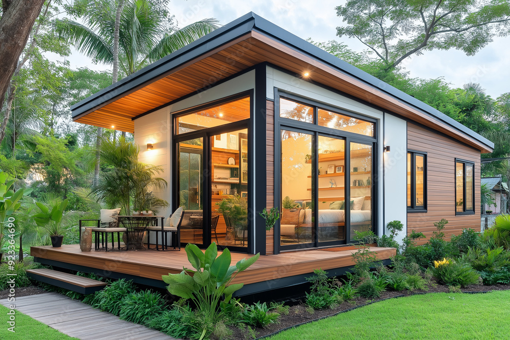 Tiny one-floor house made from large insulated glass with gray roof and wide minimal glass door. Insulated glass walls. Tiny one-floor house made from large insulated glass with gray roof and wide minimal glass door. Insulated glass walls.