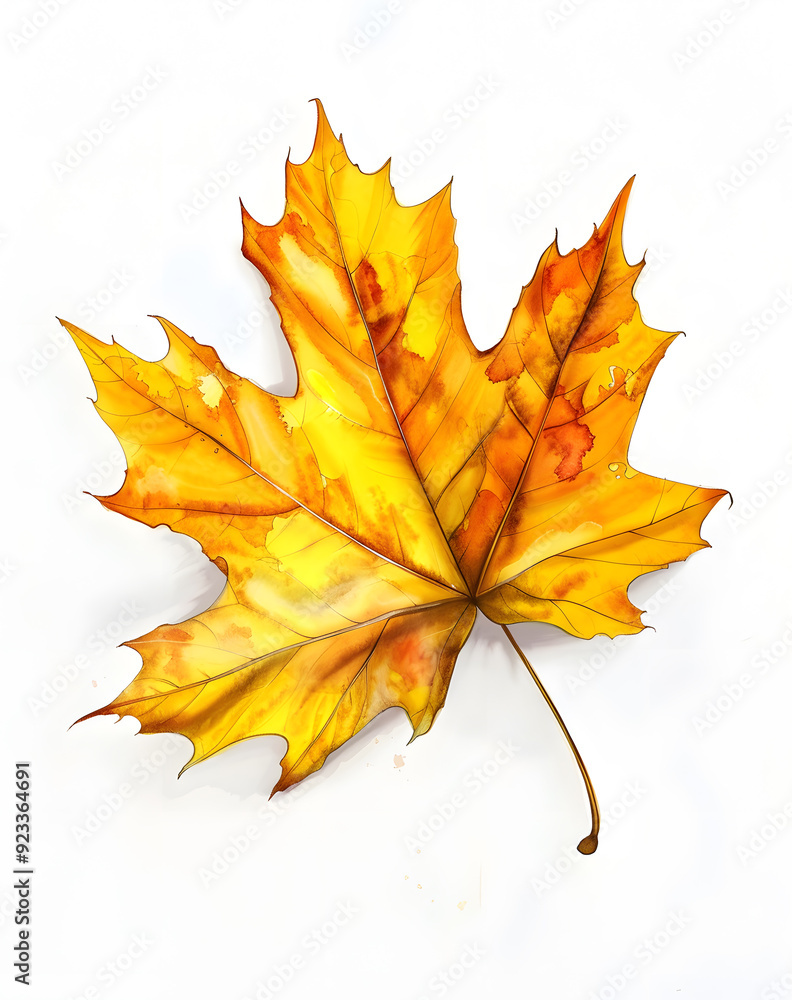 Fototapeta premium Watercolor yellow and orange maple leaf falling against a white background 