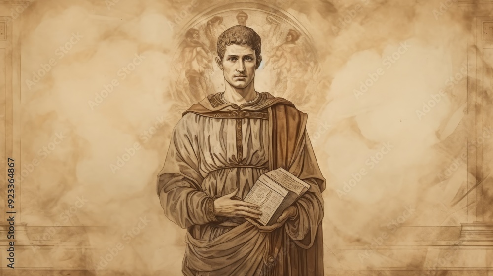 Naklejka premium Illustration of Holding Gridiron and Book of St. Lawrence in Ancient Rome, Biblical Illustration, Beige Background, Copyspace,Christian banner