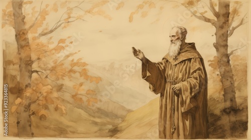 Illustration of Preaching of St. Boniface of Crediton in 8th-Century German Forest, Biblical Illustration, Beige Background, Copyspace,Christian banner photo