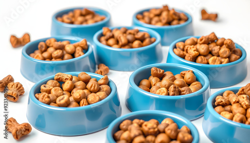 Set of pet food blue bowls, isolated on white background isolated with white highlights, png photo