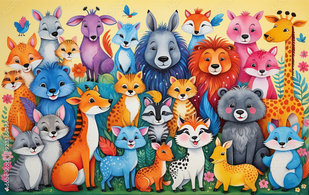 Illustrative childlike depiction of various cute and friendly animals from nature in bright colors Illustrative childlike depiction of various cute and friendly animals from nature in bright colors