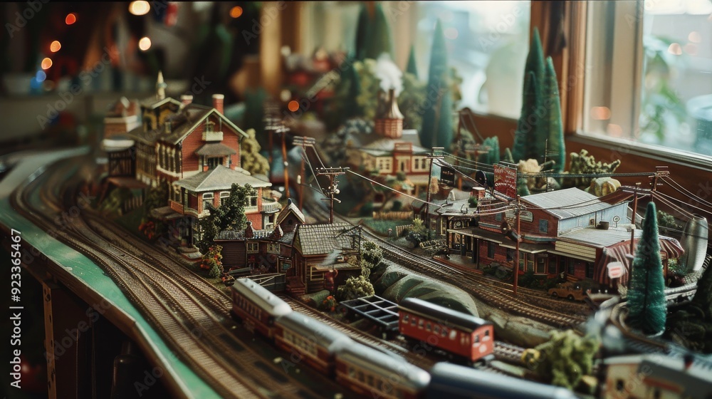 A miniature model town with detailed buildings and trains, set indoors, surrounded by lush trees and illuminated by soft, ambient light. A miniature model town with detailed buildings and trains, set indoors, surrounded by lush trees and illuminated by soft, ambient light.