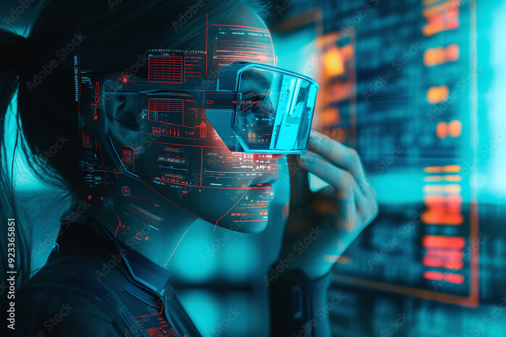 Female cyborg wearing special goggles, computer technology Female cyborg wearing special goggles, computer technology