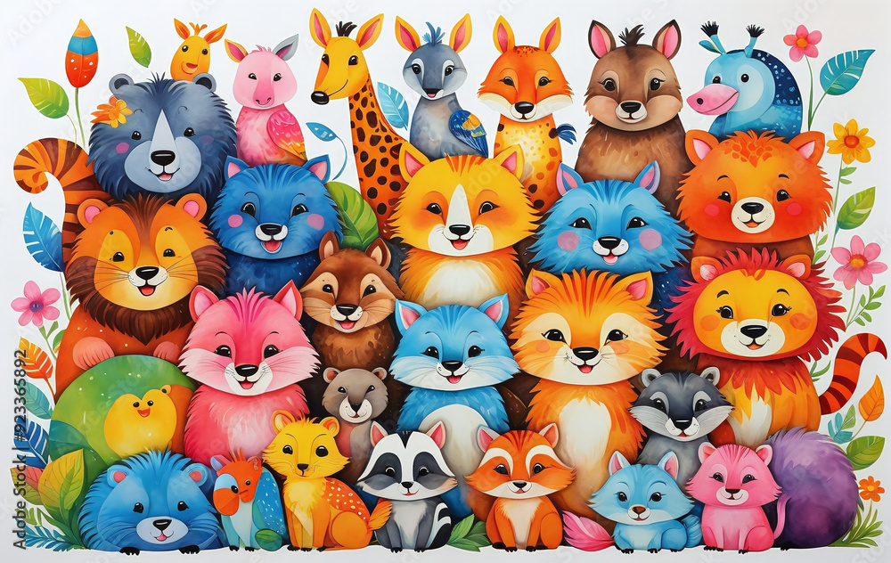 Fototapeta premium Illustrative childlike depiction of various cute and friendly animals from nature in bright colors