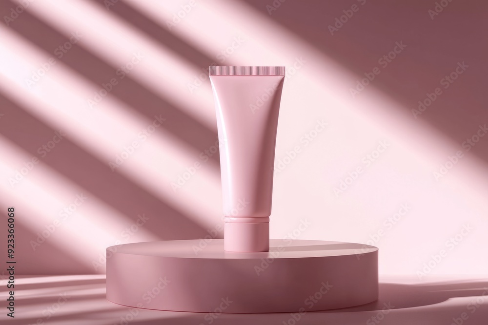 Simple aesthetic background with pink cosmetic tube on the podium for mockup with artful shadow