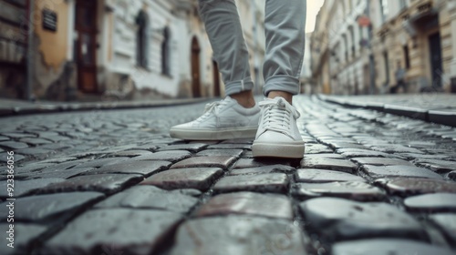 The image shows a person's stylish white sneakers on a cobblestone street, emphasizing urban fashion against a historic architectural backdrop.