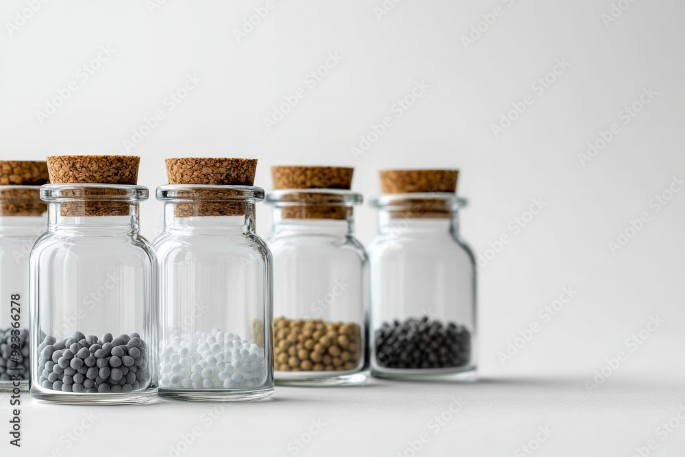 Several transparent bottles with homeopathic granules and a cork stopper. Copy space light grey background. Concept alternative medicine, homeopathy, health Several transparent bottles with homeopathic granules and a cork stopper. Copy space light grey background. Concept alternative medicine, homeopathy, health