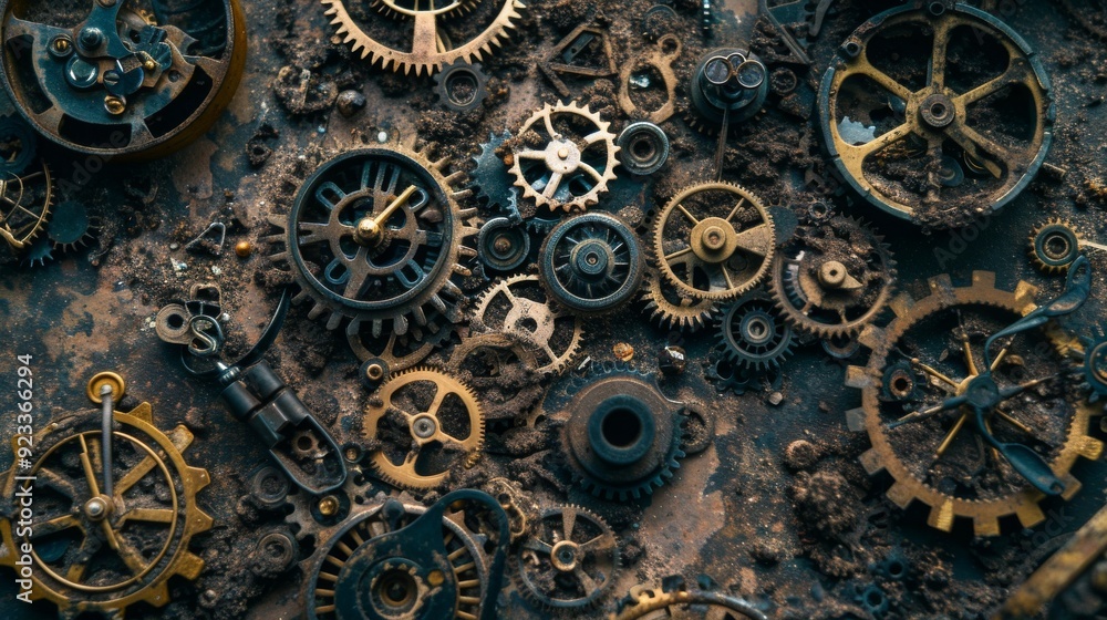 A close-up of various rusty gear mechanisms intricately interlinked, showcasing the beauty of industrial chaos in a steampunk aesthetic. A close-up of various rusty gear mechanisms intricately interlinked, showcasing the beauty of industrial chaos in a steampunk aesthetic.