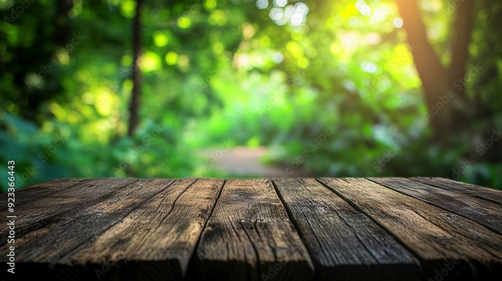 Empty wood table top with blur background of nature lush green forest. generative ai Empty wood table top with blur background of nature lush green forest. generative ai