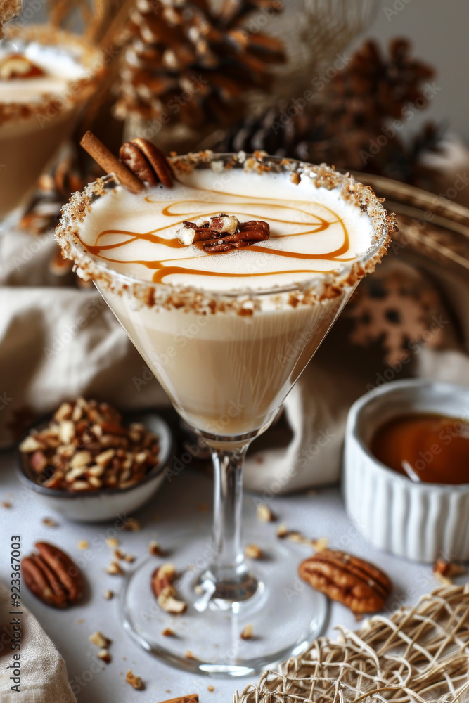 Creamy Butter Pecan Martini with caramel drizzle and crushed pecan on the rim of clear martini glass Creamy Butter Pecan Martini with caramel drizzle and crushed pecan on the rim of clear martini glass