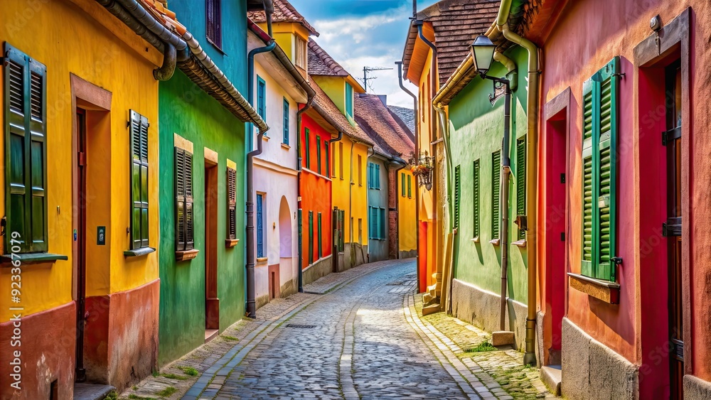 Fototapeta premium Narrow alleyway lined with colorful buildings in Rope Street, Brasov, Romania , Europe, Brasov, Romania, narrow