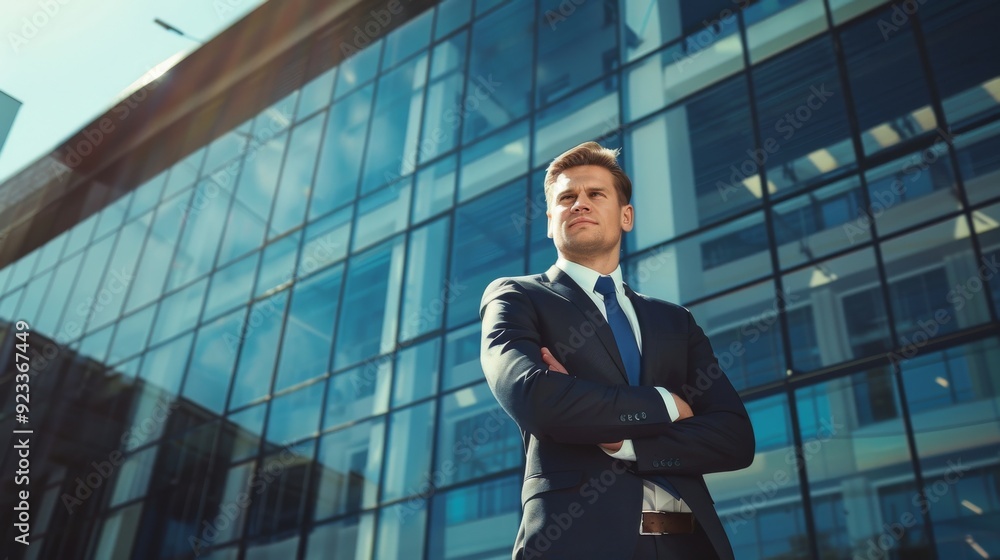 A confident man in a sharp suit, arms crossed, stands tall against a modern glass building, exuding professionalism and success. A confident man in a sharp suit, arms crossed, stands tall against a modern glass building, exuding professionalism and success.