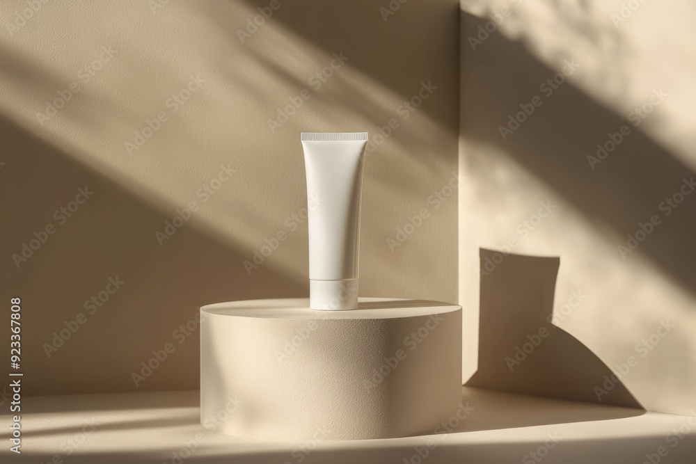 Simple aesthetic background with white cosmetic tube on the podium for mockup with artful shadow Simple aesthetic background with white cosmetic tube on the podium for mockup with artful shadow