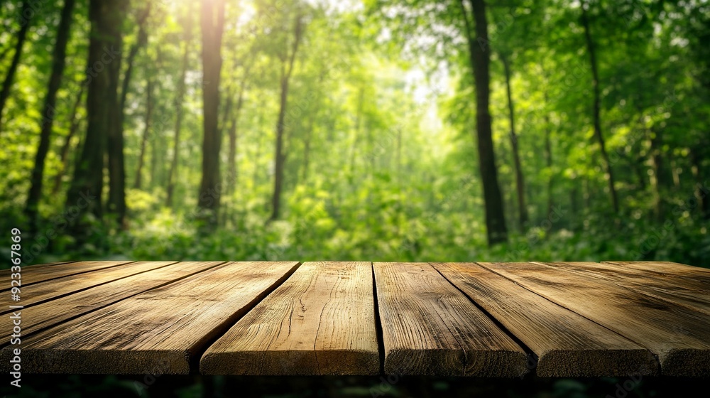 Fototapeta premium Empty wood table top with blur background of nature lush green forest. generative ai