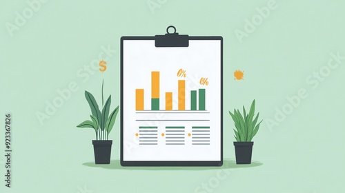 Green and yellow bar chart clipboard on pastel green background with plants. photo