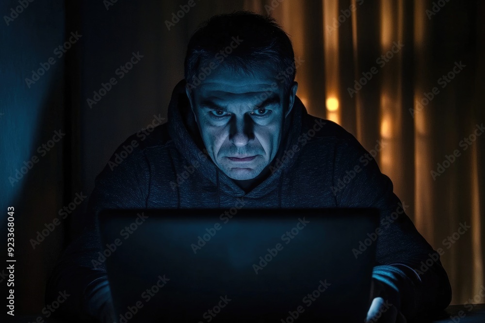 Cyber Stalking. Man in Dark Room Using Laptop for Online Surfing and Hacking Cyber Stalking. Man in Dark Room Using Laptop for Online Surfing and Hacking