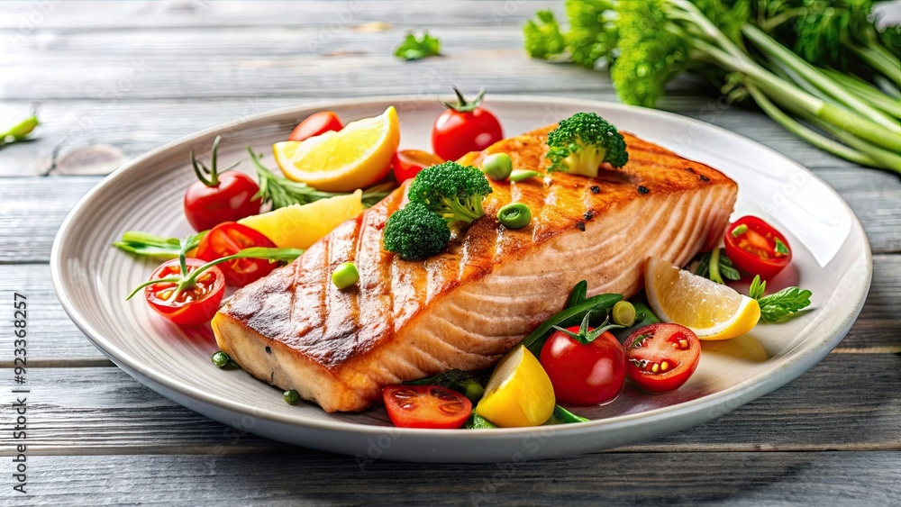 Grilled salmon fillet with seasoned vegetables on a plate, grilled, salmon, fish, vegetables, healthy, food, seafood, BBQ Grilled salmon fillet with seasoned vegetables on a plate, grilled, salmon, fish, vegetables, healthy, food, seafood, BBQ