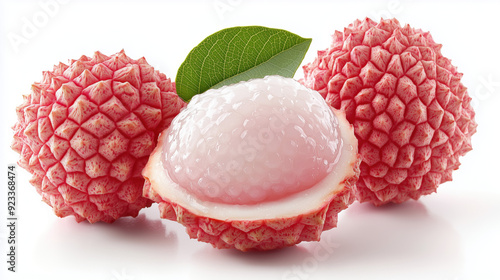 Full and half-sliced lychee fruits on a white background