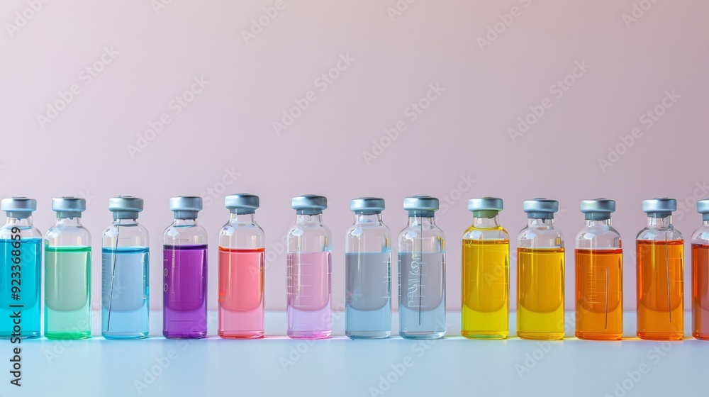 A gradient of colorful liquid-filled vials, lined up meticulously against a calming pink hue background, evoking a lab setting. A gradient of colorful liquid-filled vials, lined up meticulously against a calming pink hue background, evoking a lab setting.