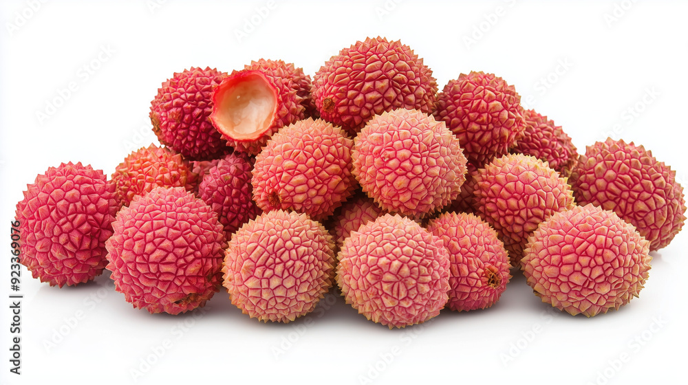 A pile of lychee fruits with leaves on a white background A pile of lychee fruits with leaves on a white background