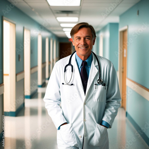 Smiling adult doctor walking along hospital corridor